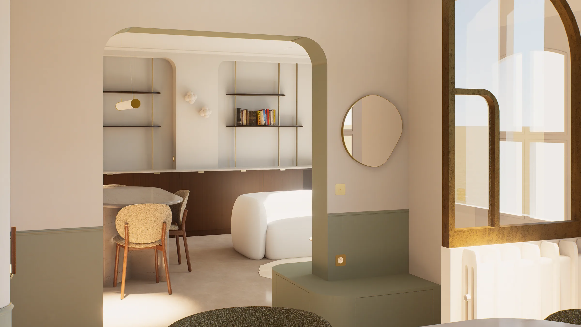 Arche vers la salle à manger, étagère murale, canapé blanc et miroir rond, soubassement vert — Maison Besquens
